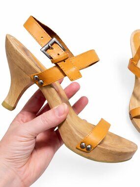PARALELO by GVS Leather & Wood Heeled Sandals Studs Buckle Boho Yellow Womens 36